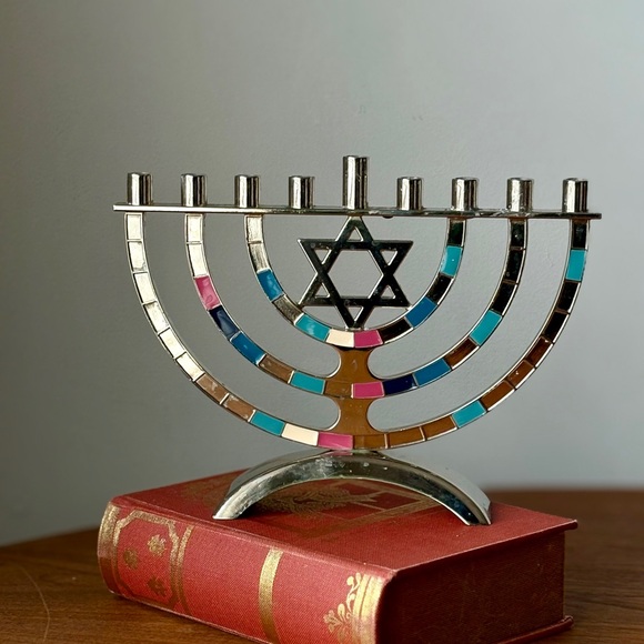 Other - Silver-Tone Enamel Menorah with Multicolor Inlays